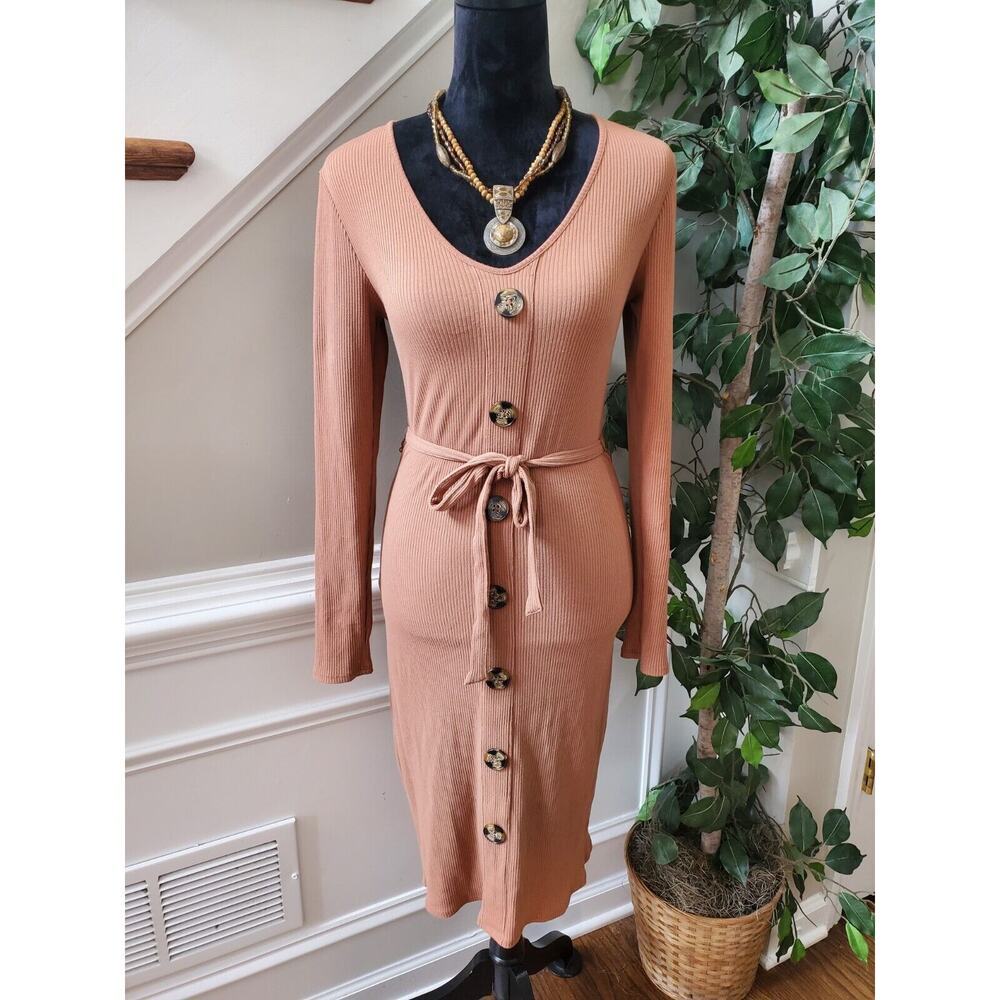 No Boundaries Women's Brown Cotton V-Neck Long Sleeve Knee Length Dress‎ Size M